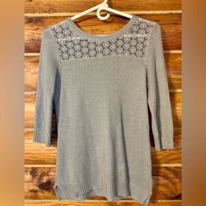 Pink Rose Grey Crewneck Sweater with Lace Detail Neckline Medium